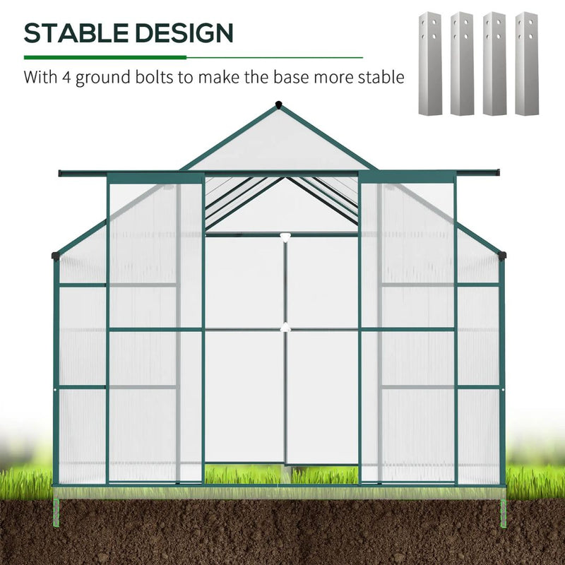 16' x 8' Large Walk-in Greenhouse with Polycarbonate Panels, Aluminum Frame, Double Door - Green