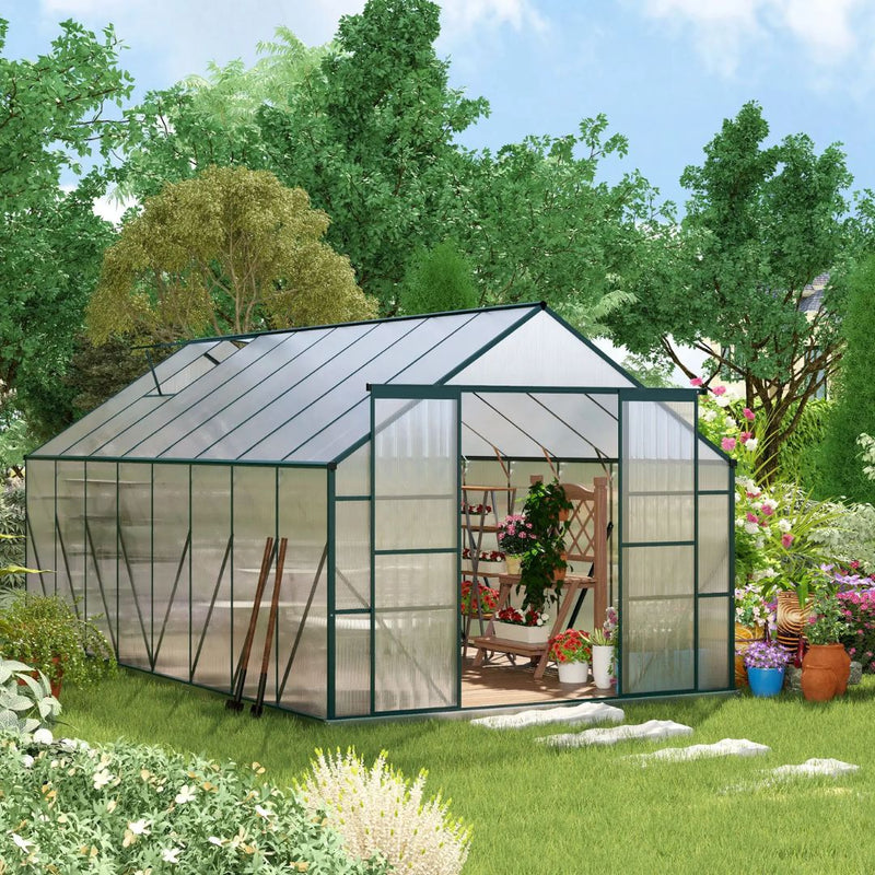 16' x 8' Large Walk-in Greenhouse with Polycarbonate Panels, Aluminum Frame, Double Door - Green