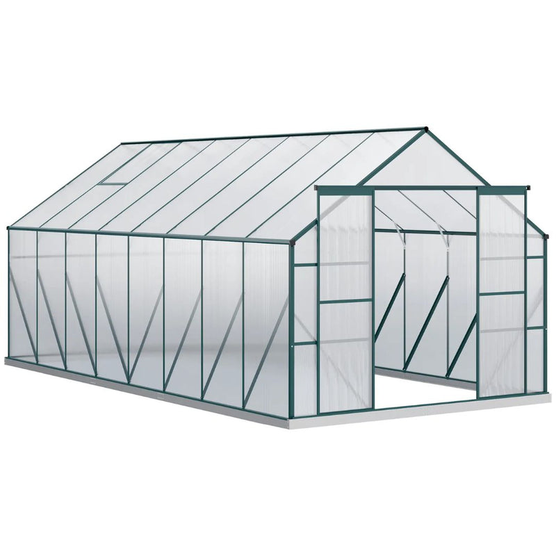 16' x 8' Large Walk-in Greenhouse with Polycarbonate Panels, Aluminum Frame, Double Door - Green