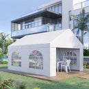 White 16 x 13 outdoor canopy tent on a patio area with a modern house in the background