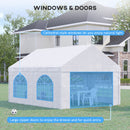White outdoor gazebo with blue window and door designs, set against a house background.
