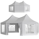 Two gray octagonal outdoor tents with windowed side panels on a white background