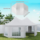 White octagonal outdoor canopy tent with dimensions labeled on a clear day.