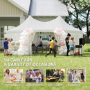 White octagonal party tent with balloon decorations in a backyard setting, suitable for various occasions.