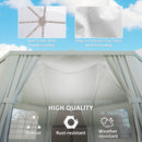 Canopy tent structure with text highlighting material and quality features against a blue sky.