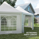 Octagonal party canopy with double top design, 2 zipped doors, and 6 windows in a backyard setting.