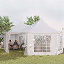 White outdoor canopy tent with curtains and balloons in a garden setting