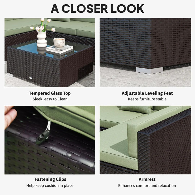 Patio Furniture, Peace River 7 Pc Rattan Wicker Modular Outdoor Furniture Sectional Sofa Set - Light Green / Brown - Seasonal Overstock