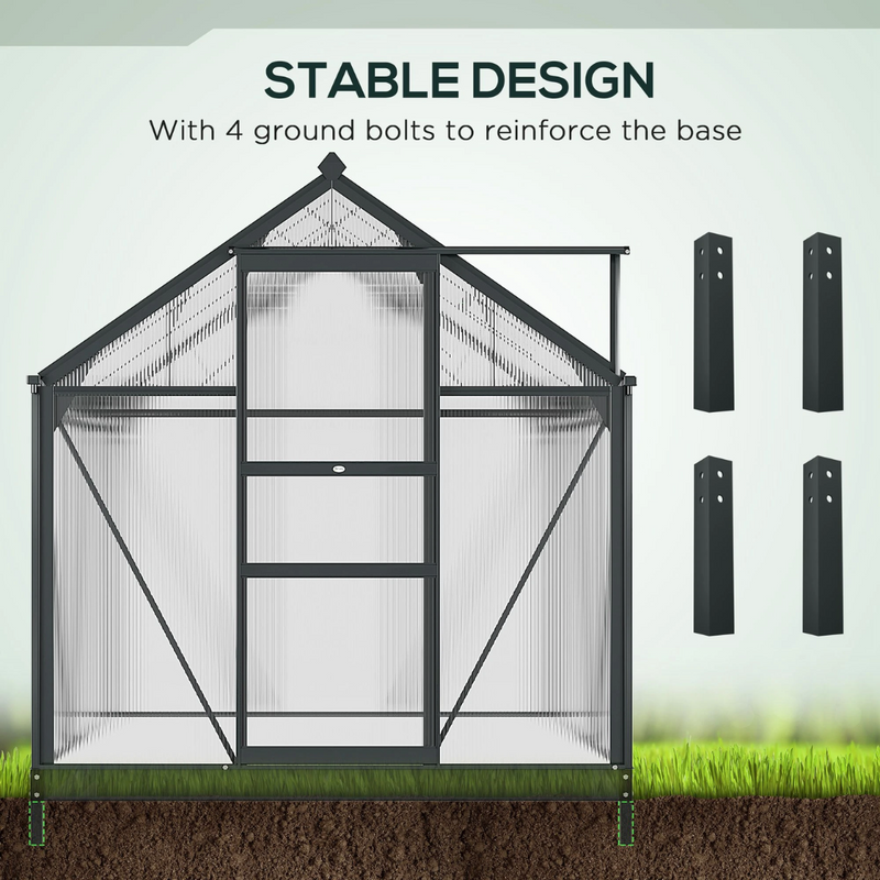 6.2' x 6.3' Walk-In Greenhouse with Aluminum Frame, Polycarbonate Panels, Sliding Door - Grey