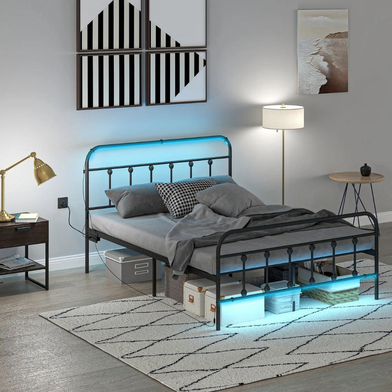 Beds, Luma Full Size Metal Platform Bedframe with LED Lights, Charging Station and Underbed Storage - Black (Copy) - Seasonal Overstock