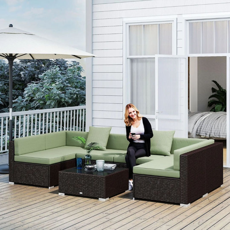 Patio Furniture, Peace River 7 Pc Rattan Wicker Modular Outdoor Furniture Sectional Sofa Set - Light Green / Brown - Seasonal Overstock