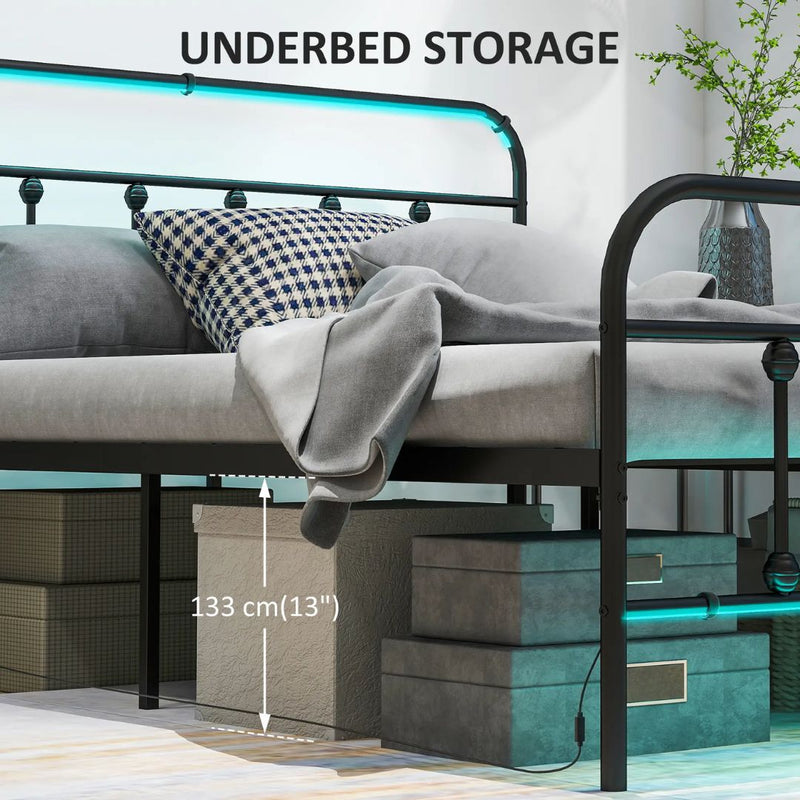 Beds, Luma Full Size Metal Platform Bedframe with LED Lights, Charging Station and Underbed Storage - Black (Copy) - Seasonal Overstock
