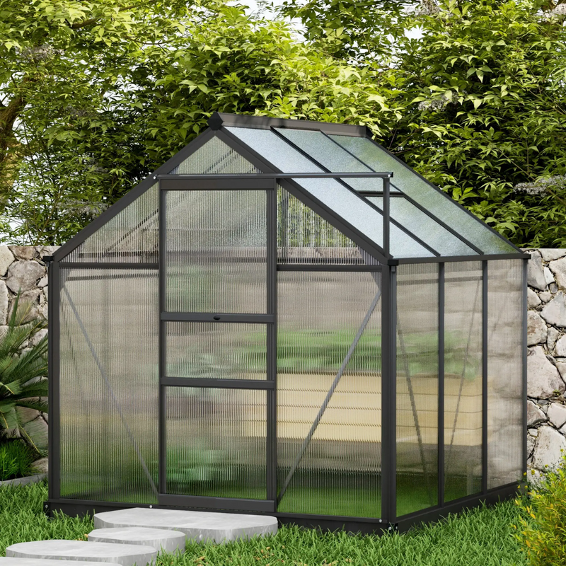 6.2' x 6.3' Walk-In Greenhouse with Aluminum Frame, Polycarbonate Panels, Sliding Door - Grey