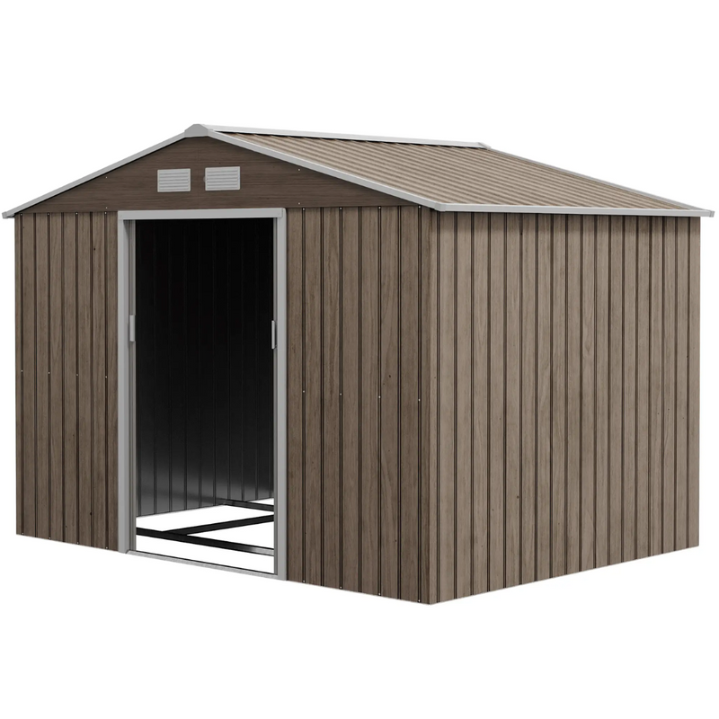 9' x 6.4' Outdoor Garden Storage Shed with Dual Sliding Doors - Brown Wood Grain