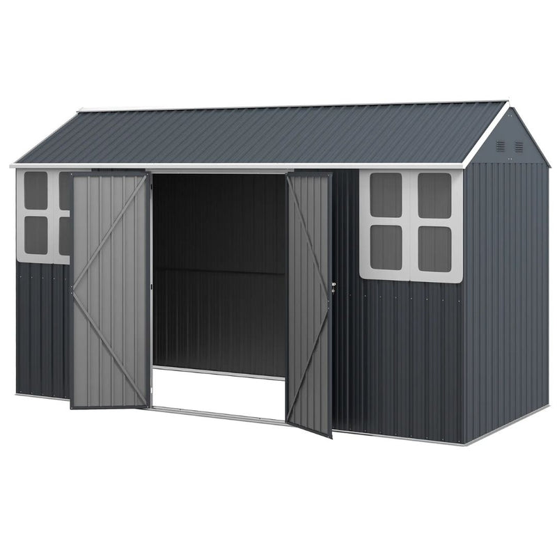 12' x 5.5' Outdoor Garden Storage Shed with 2 Swing Doors and Windows - Dark Grey