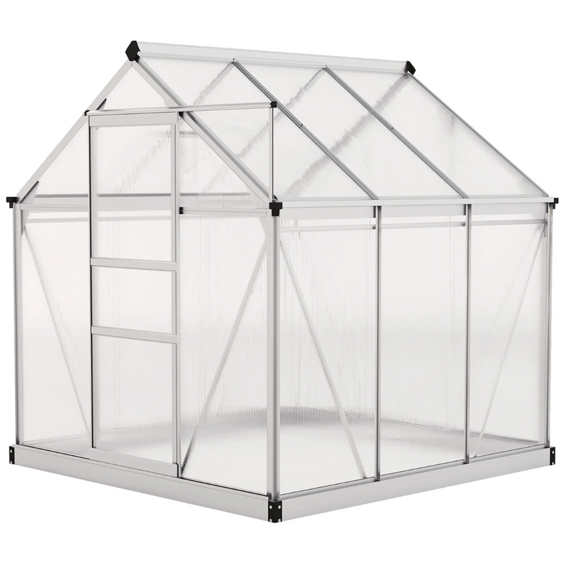 6.2' x 6.3' Walk-In Greenhouse with Aluminum Frame, Polycarbonate Panels, Sliding Door - Silver