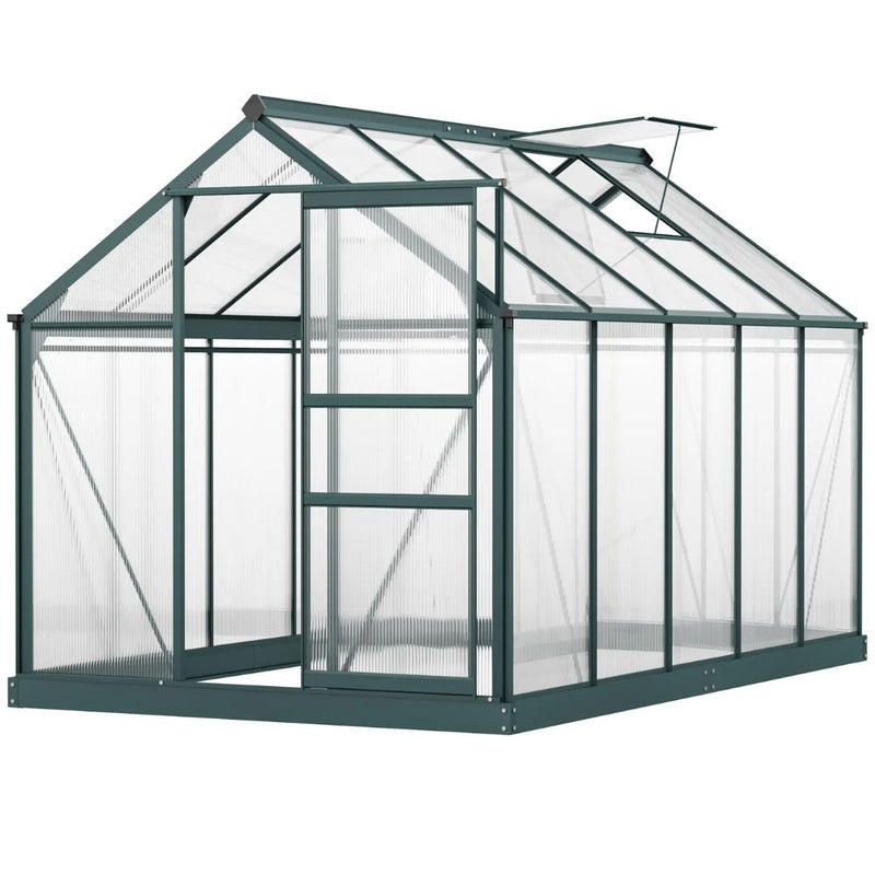 6' x 10' Polycarbonate Walk-in Greenhouse with Aluminum Frame and Sliding Door - Green