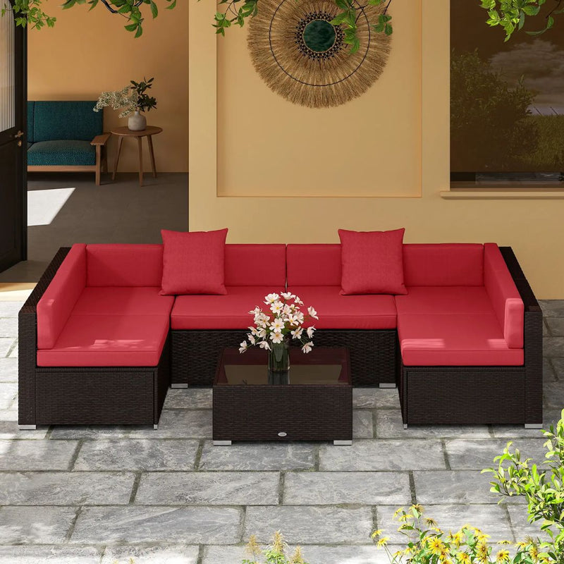 Patio Furniture, Peace River 7 Pc Rattan Wicker Modular Outdoor Furniture Sectional Sofa Set - Red / Brown - Seasonal Overstock