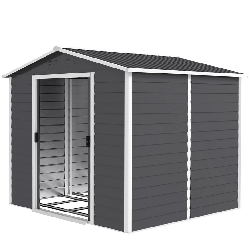 8' x 7' Galvanized Steel Outdoor Storage Shed with Dual Sliding Doors and Floor Frame - Dark Grey