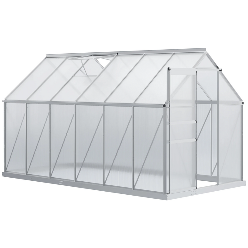 6' x 12' Large Walk-In Greenhouse with Aluminum Frame and Polycarbonate Panels, Sliding Door - Silver