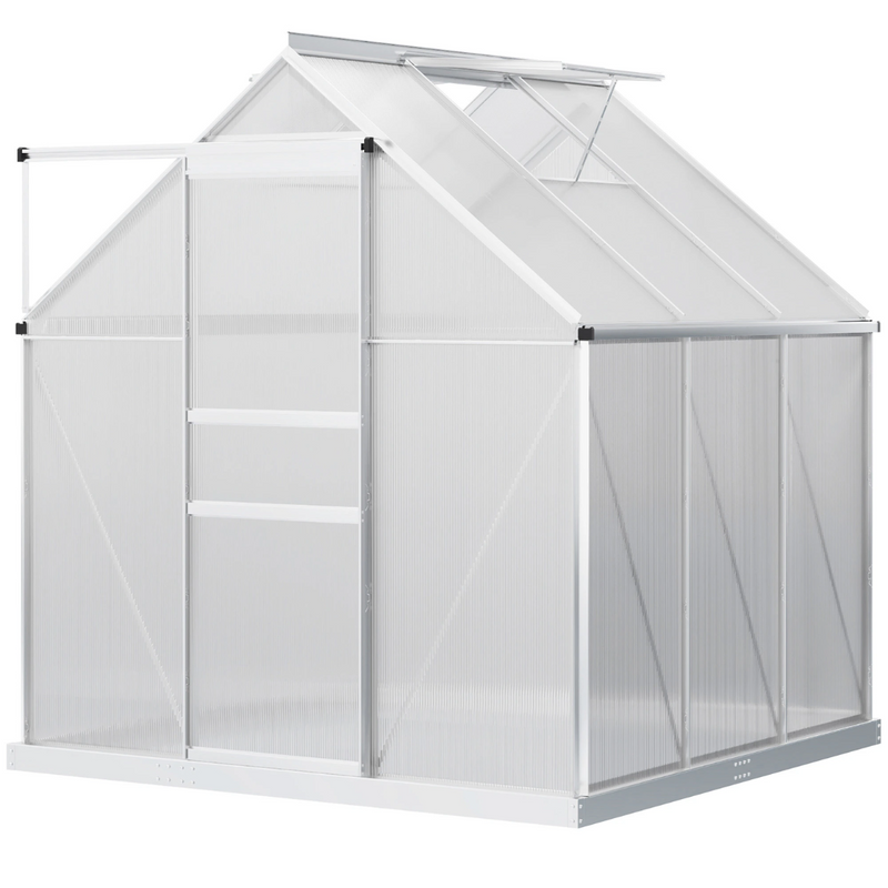 6' x 6' Walk-In Greenhouse with Aluminum Frame and Polycarbonate Panels, Sliding Door - Silver