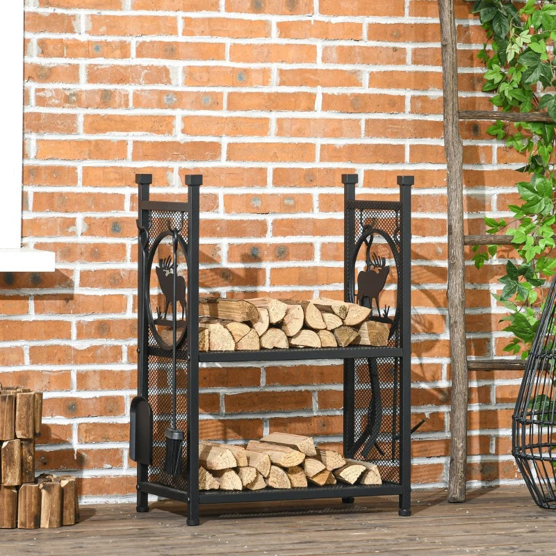 2-Tier Firewood Rack with Chic Reindeer and Fireplace Tools Shovel, Broom, Poker, Tongs, & Side Hooks