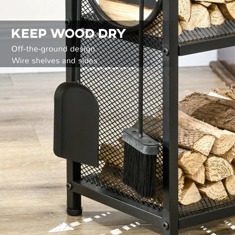 2-Tier Firewood Rack with Chic Reindeer and Fireplace Tools Shovel, Broom, Poker, Tongs, & Side Hooks