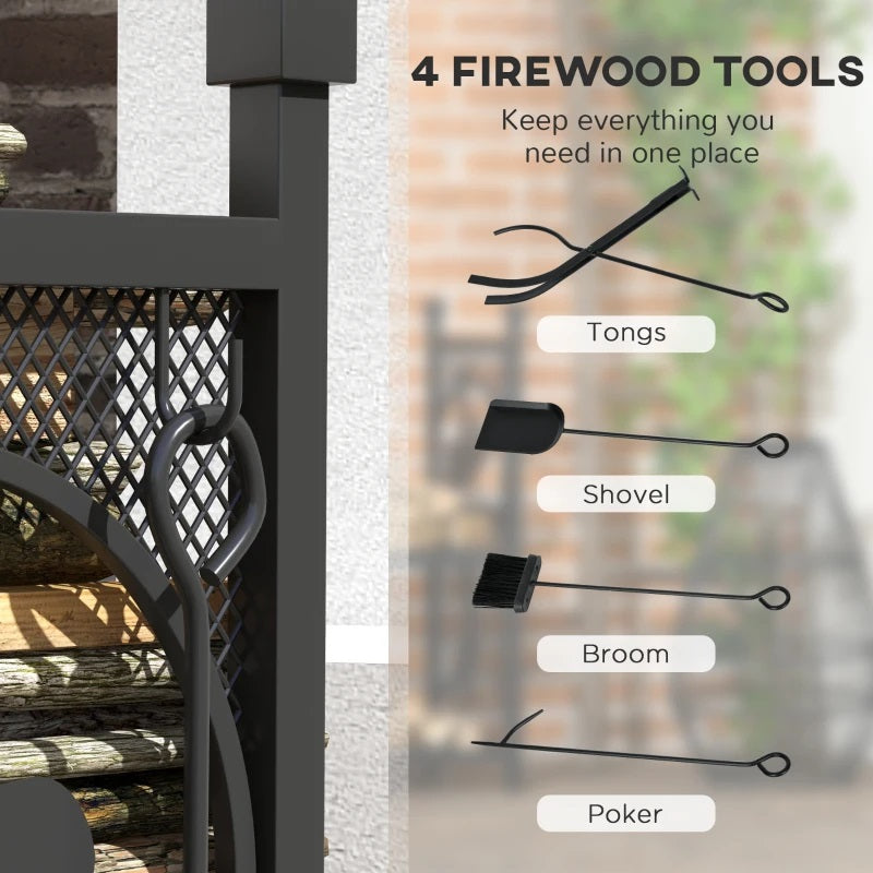 2-Tier Firewood Rack with Chic Reindeer and Fireplace Tools Shovel, Broom, Poker, Tongs, & Side Hooks