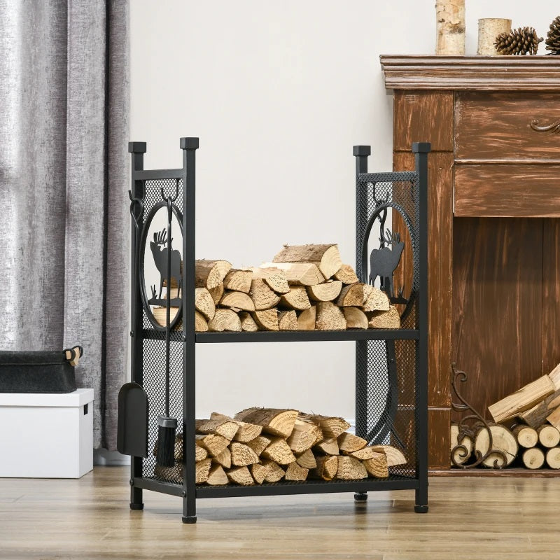 2-Tier Firewood Rack with Chic Reindeer and Fireplace Tools Shovel, Broom, Poker, Tongs, & Side Hooks