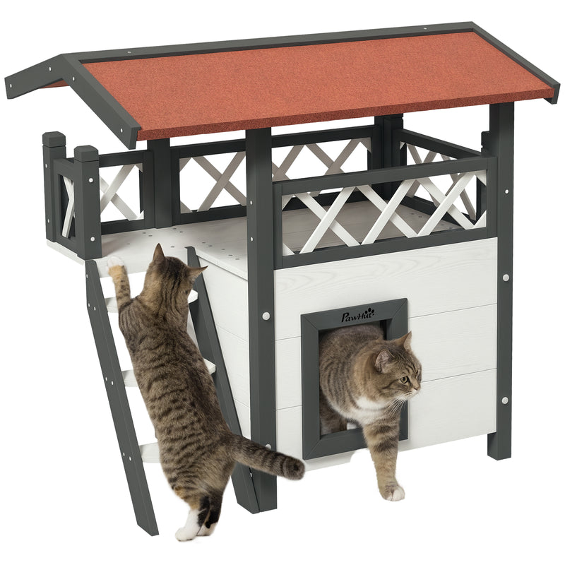2-Storey Outdoor Cat Shelter With Balcony - White and Grey
