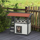 2-Storey Outdoor Cat Shelter With Balcony - White and Grey