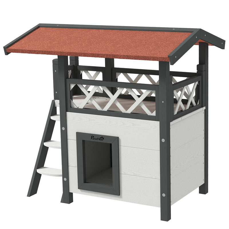 2-Storey Outdoor Cat Shelter With Balcony - White and Grey