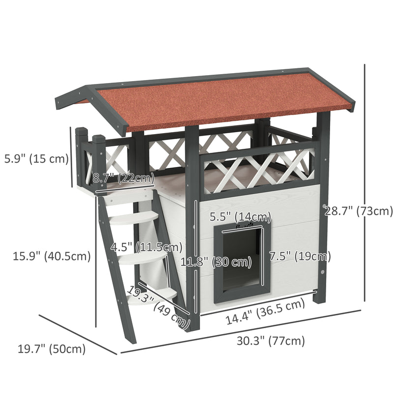 2-Storey Outdoor Cat Shelter With Balcony - White and Grey