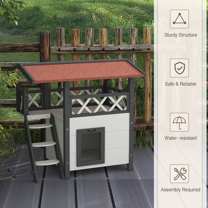 2-Storey Outdoor Cat Shelter With Balcony - White and Grey