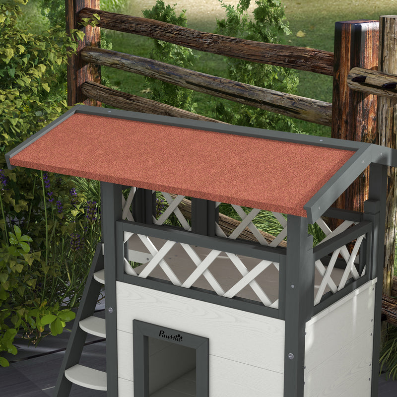 2-Storey Outdoor Cat Shelter With Balcony - White and Grey