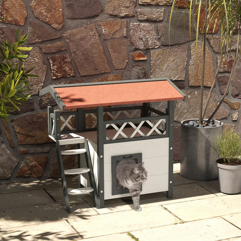 2-Storey Outdoor Cat Shelter With Balcony - White and Grey