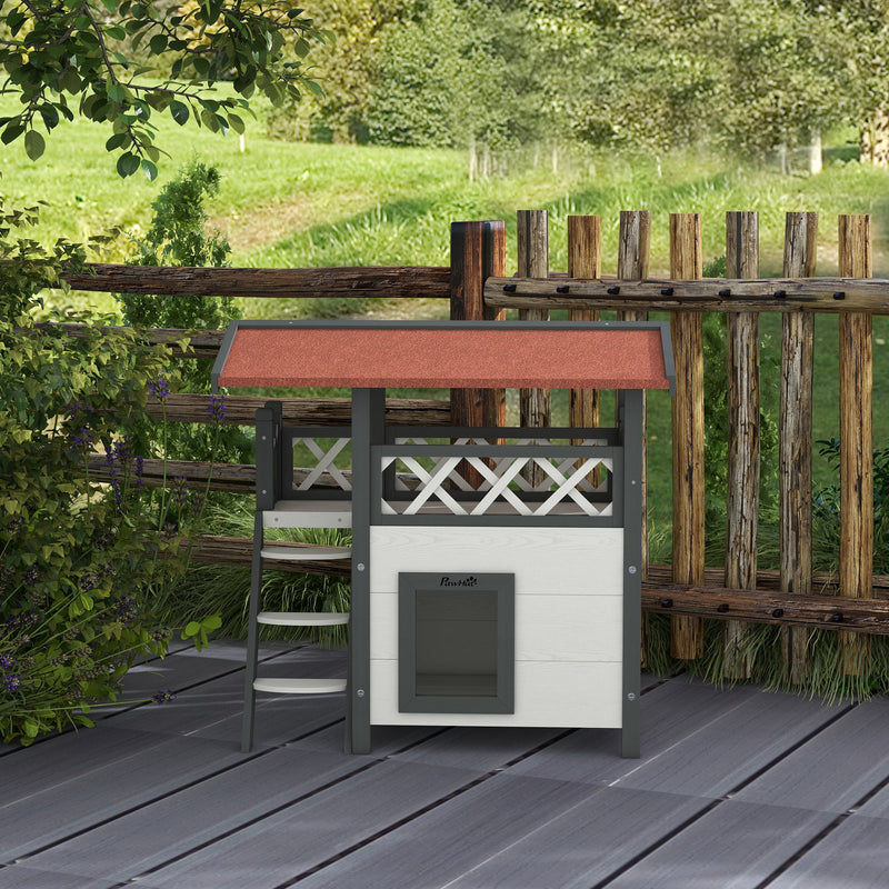 2-Storey Outdoor Cat Shelter With Balcony - White and Grey