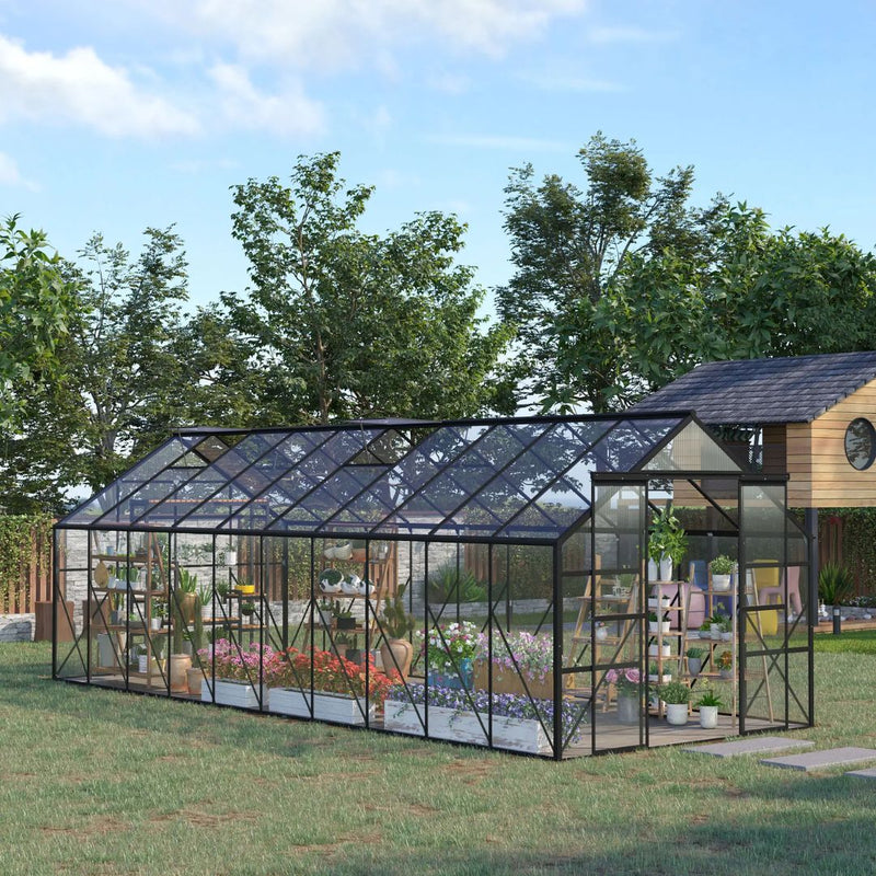 20' x 8' Large Walk-in Greenhouse with Polycarbonate Panels, Aluminum Frame, Double Door - Black