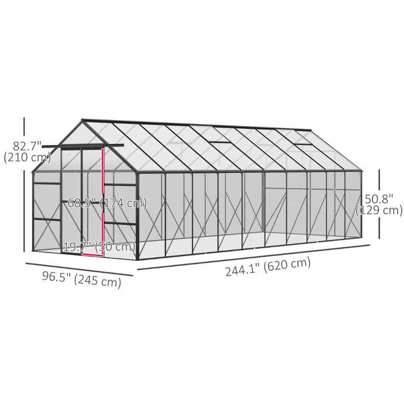 20' x 8' Large Walk-in Greenhouse with Polycarbonate Panels, Aluminum Frame, Double Door - Black