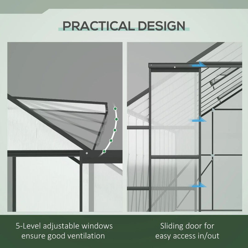 20' x 8' Large Walk-in Greenhouse with Polycarbonate Panels, Aluminum Frame, Double Door - Black