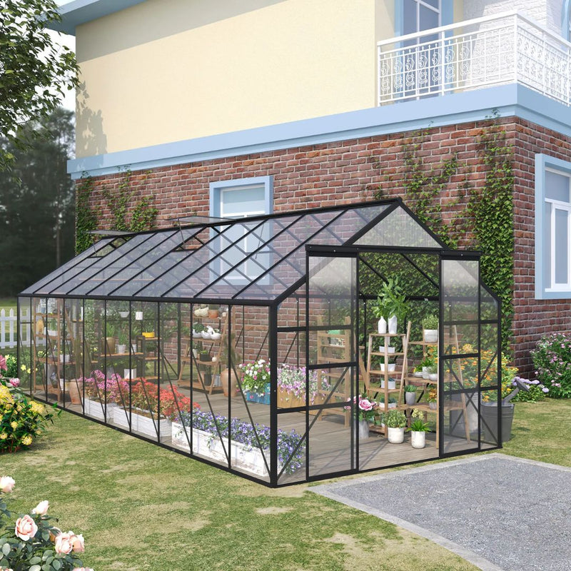 20' x 8' Large Walk-in Greenhouse with Polycarbonate Panels, Aluminum Frame, Double Door - Black