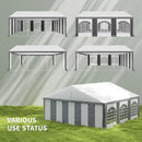 Set of six different views of a white and gray outdoor canopy tent on grass with a light gray background.