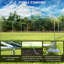 Metal greenhouse structure with text highlighting stable standing features, set against a natural background.