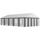 Large 20 x 33 canopy tent with white roof and gray striped sides on a white background