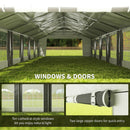 white and grey party tent with cathedral-style windows and zipper doors, featuring text on window and door features.