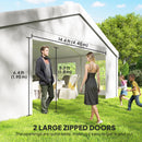 People standing under a large white canopy with dimensions indicated, set against a clear sky.