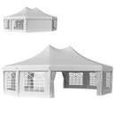 White decagonal outdoor canopy tent with side panels on a white background