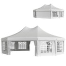 White decagonal outdoor canopy tent with side panels on a white background shown open and closed