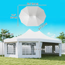 White outdoor canopy tent with dimensions displayed on a clear blue sky background