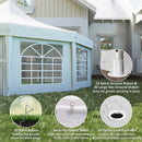 Light blue gazebo with spiral ground stakes, large size ground stakes, wind ropes, securing rubber band, and plastic leaking holes on a grassy area.